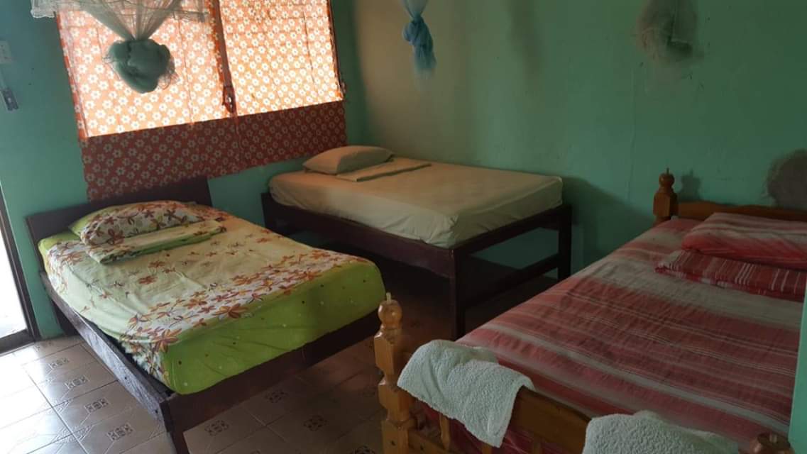 A cozy room with three beds and a window with a curtain.