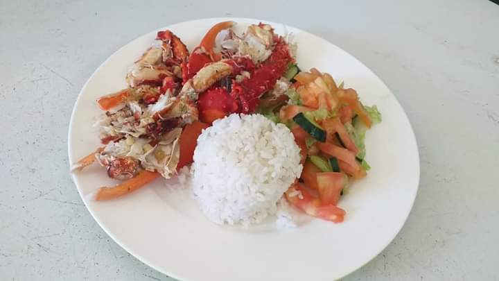 Plate with lobster, white rice, and vegetable salad.