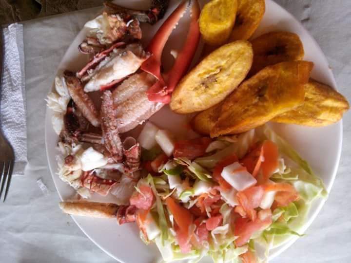 Plate of grilled fish with fried plantains and fresh salad.