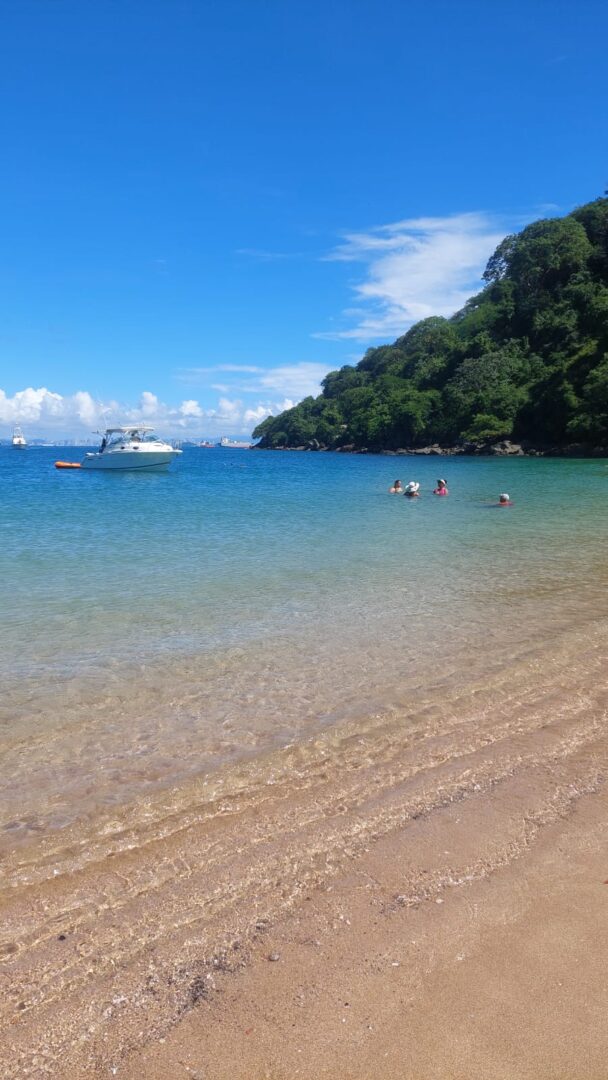 Clear blue sea with boats and swimmers near a green hillside.