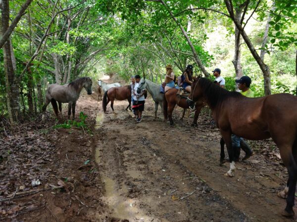 A group of people riding horses on top of dirt road.
