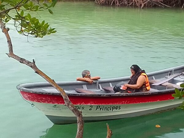 Two people in a boat on the water.
