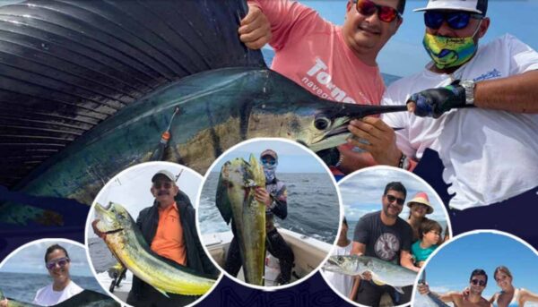 A collage of photos with people holding fish.