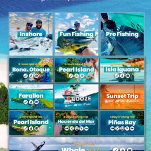 A colorful fishing trip options menu with tropical backdrops and various fishing types.