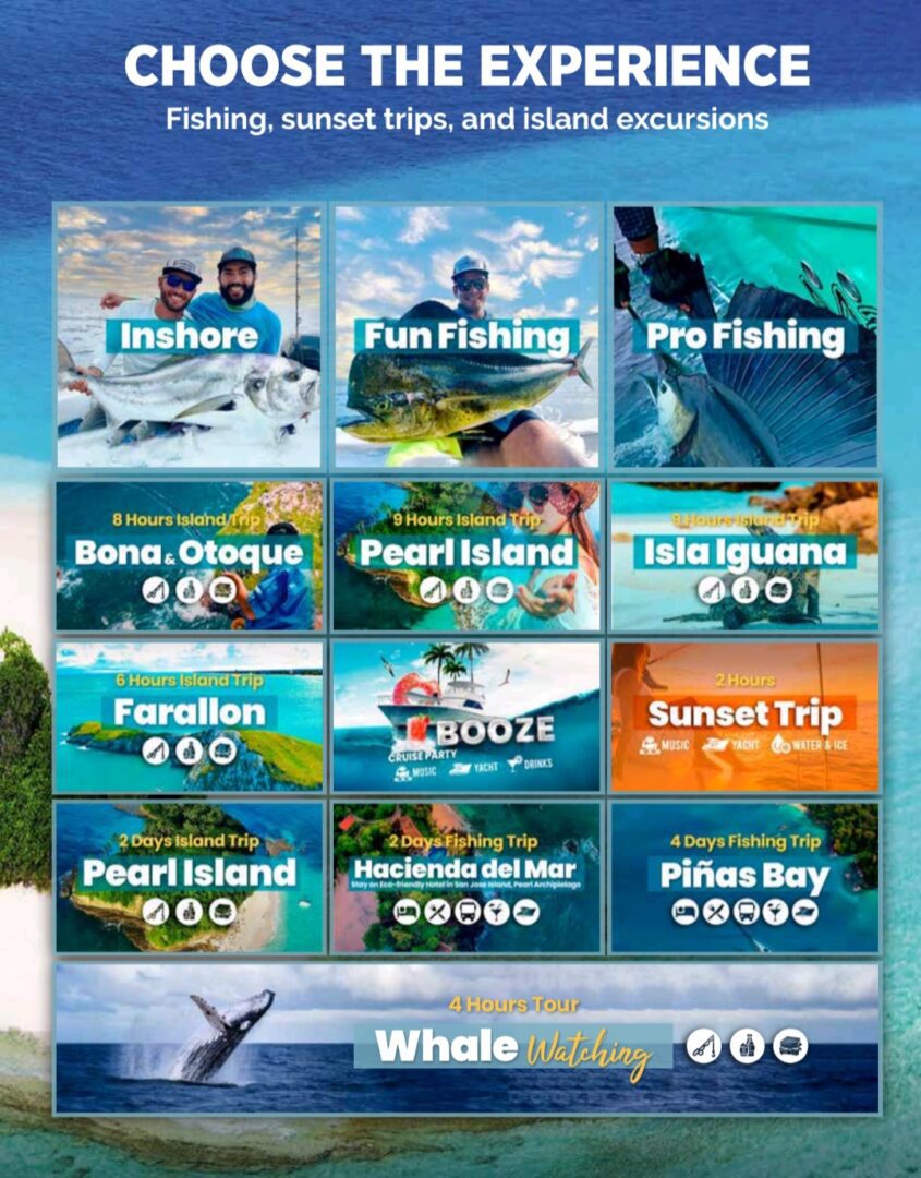 A colorful fishing trip options menu with tropical backdrops and various fishing types.