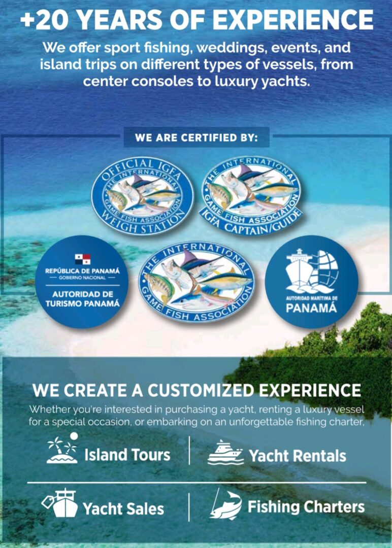 Infographic showing services and customized experiences offered by a yacht center.