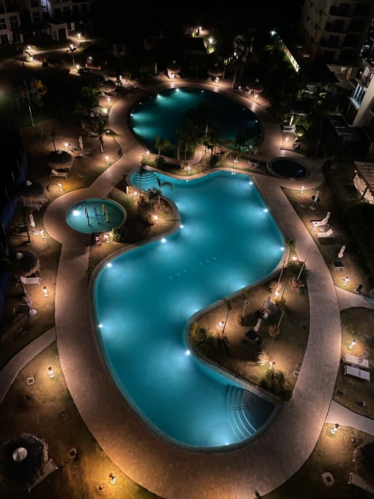 Aerial night view of a lit, curvy swimming pool surrounded by palm trees.