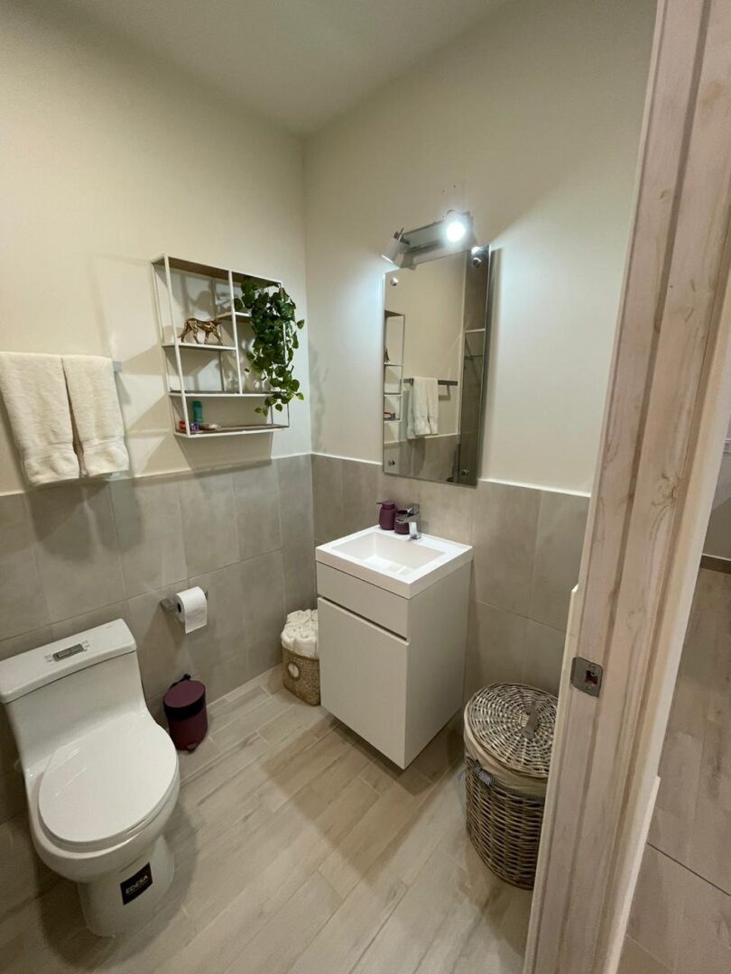 Compact modern bathroom with white fixtures and green plants.