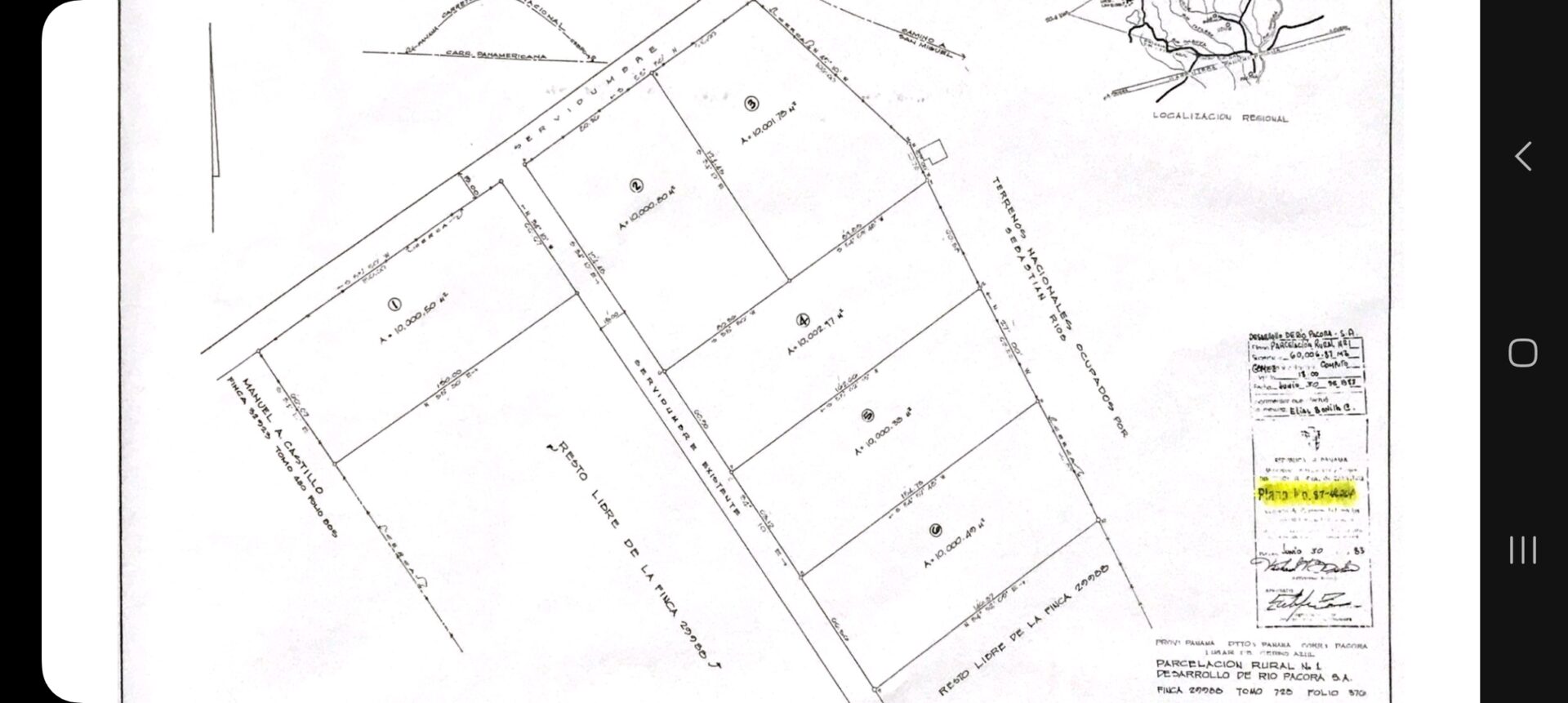 A black and white map showing numbered land plots along two streets.
