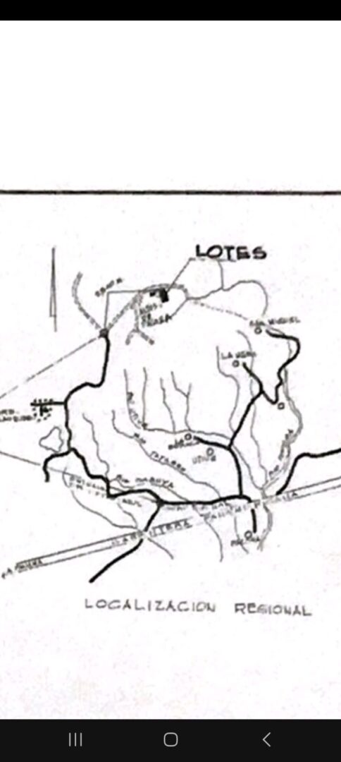 Hand-drawn map sketch with labeled locations and routes.